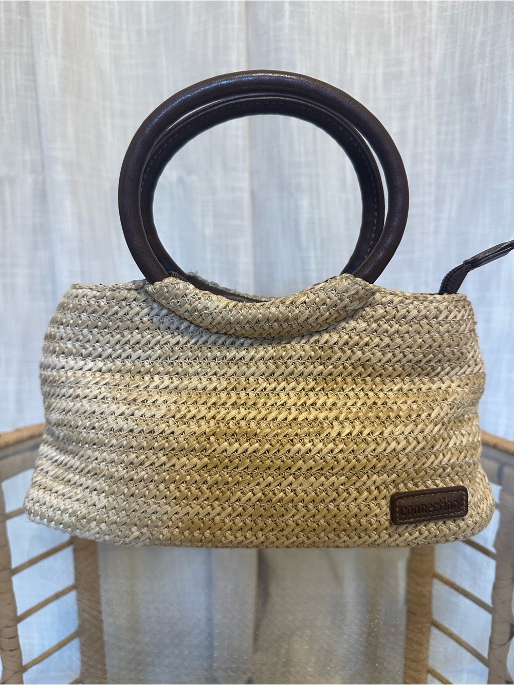Connections Woven Straw Circle-Handle Handbag in Natural with Dark Brown Handles